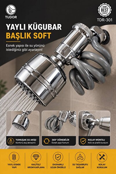 HAZARPAZAR Krom Musluk Başlığı Su Tasarruflu Yaylı Hortumlu Döndürülebilir Ka...
