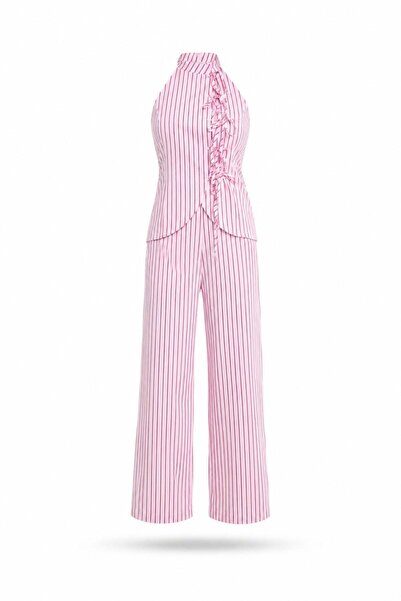 5in1Canpolat Pembe Çizgili Yelek Pantolon Takım
