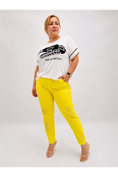 Trieste Plus Size Women's Skinny Leg Pants with Stone Detail and Ripped Details