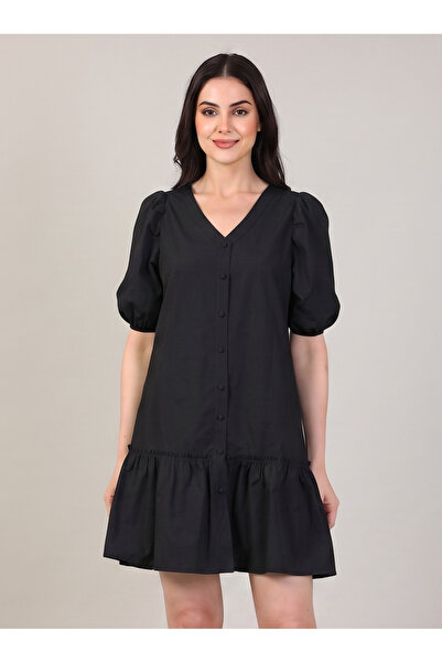 gökçesu Women's V-Neck Watermelon Sleeve Layered Casual Summer Dress