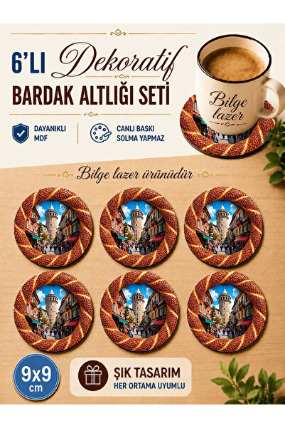Bilge Lazer İSTANBUL GALATA KULESI VE SİMİT DETAYLI hediyelik Ahşap Bardak Al...