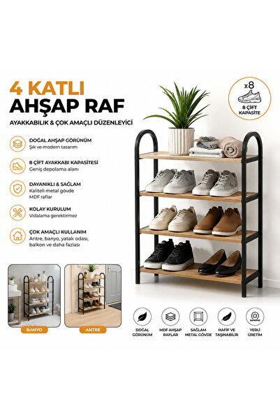 royalscent 4 Katlı Doğal Ahşap Ayakkabılık ve Çok Amaçlı Düzenleyici Raf – 8 ...