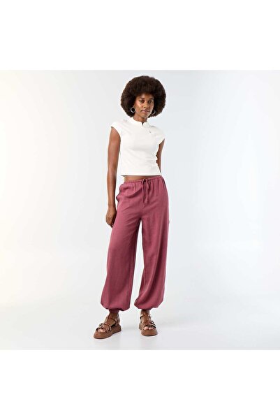 KIABI Solid Color Balloon Fit Trousers with 2 Pockets PINK