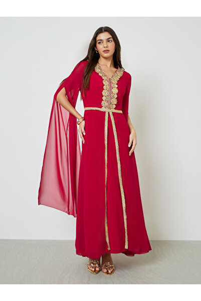 Take Two By Styli Red Lace Patch Detail Maxi Kaftan