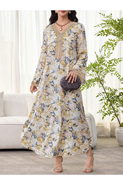 Take Two By Styli Floral Print V Neck A-Line Jalabiya