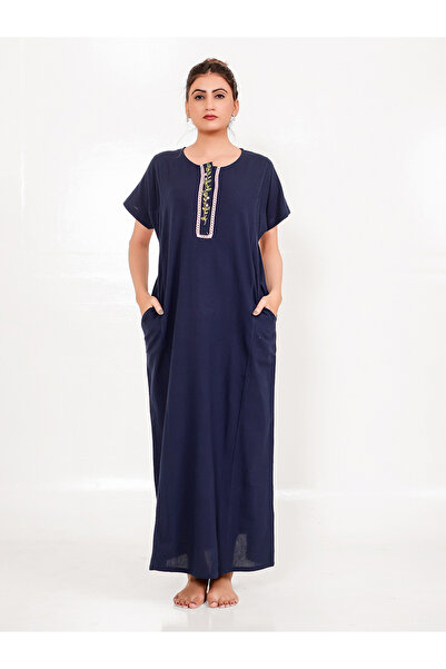 The Kaftan Company By Styli Navy Cotton Nightdress with Hand-Embroidered Placket