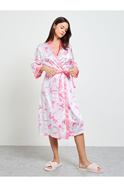 Take Two By Styli White Bow Print 3/4 Sleeve Robe