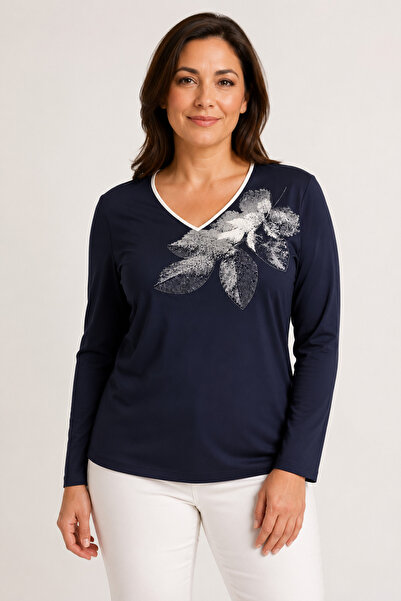 bihan store Women's V-Neck Floral Printed Combed Cotton Blouse - Y26-637-Navy...