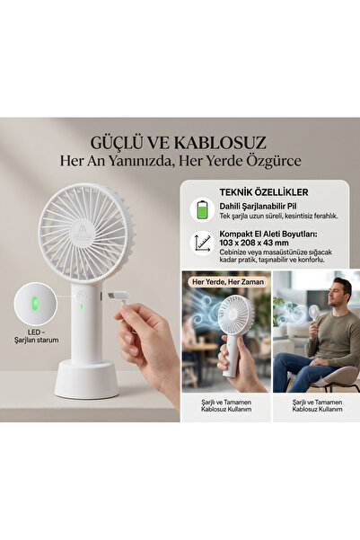 Mcstorey Şarjlı Mini El Vantilatörü USB Şarjlı Taşınabilir Masaüstü Fan 600 mAh Kablosuz Sessiz Portatif Vantilatör Standlı Beyaz
