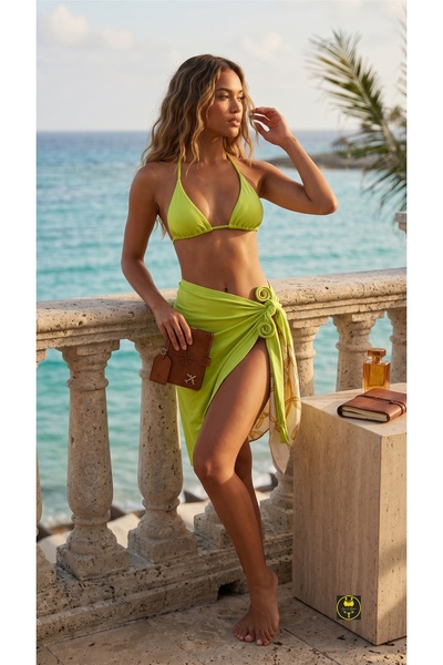 CIYA IC GIYIM Kadın Yeşil Pareolu Üçgen Bikini Takımı 3'lü İnce Bantlı Yüksek...