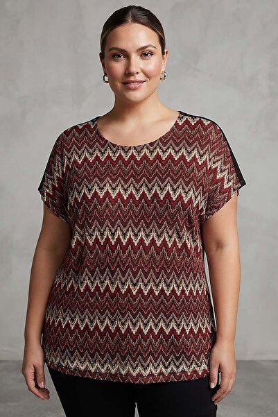 SERTUĞ Trend42Plus Large Size Zik Zak Patterned Low Sleeve Burgundy Blouse