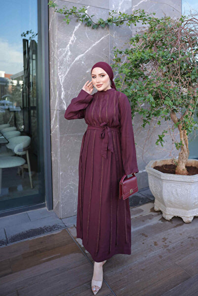 İmajButik Φόρεμα με λεπτομέρεια από πέτρα μπορντό και δέσιμο στη μέση