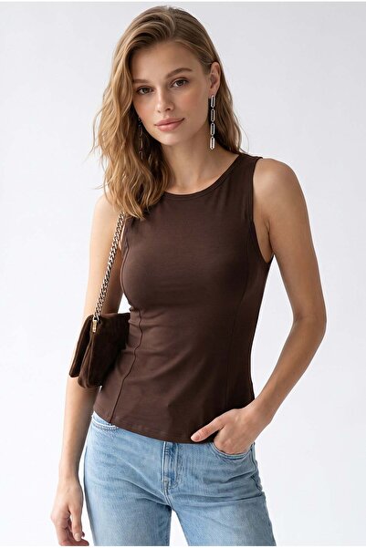 Mixray 2176 Women's Sewing Detailed Crew Neck Sleeveless Blouse Brown