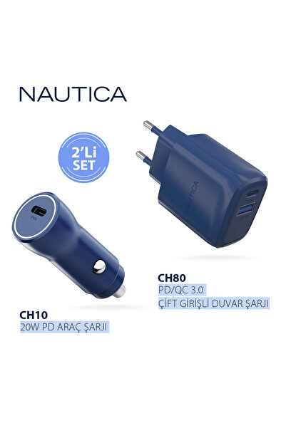Nautica Ch80 20w Pd 18w Qc Duvar Şarjı + Ch10 20w Pd Araç Içi Şarj Cihazı Navy