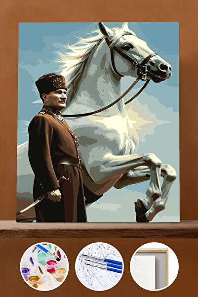 Pastelya Sayılarla Boyama Seti Çerçeveli Kasnaklı Mustafa Kemal Atatürk Işığı...