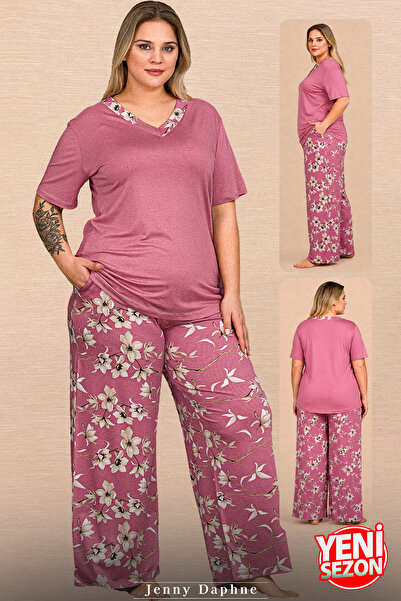 Jenny Daphne Plus Size Women's Viscose Pajama Set Rose Dried Flower Patterned...