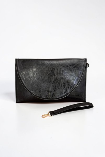 Classbag Women's Black Wrinkled Shiny Leather Look Elegant Envelope Model, Medium Size Portfolio Clutch Bag with Wrist Strap (30Cmx19Cm)