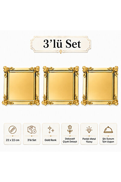 Turkco Gold Flower Detailed Square Presentation Tray 22X22 cm Engagement Coff...