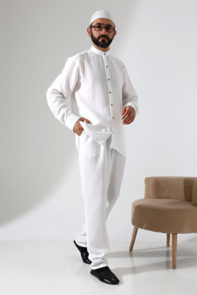 ihvan online Men's Muslin Hakim Collar Shirt and Pants Two-Piece Set for Hajj...
