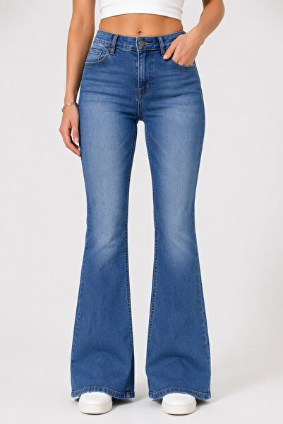 Lighter Jeans Women's Lycra High Waist Spanish Flare Washed Jean Trousers Blu...