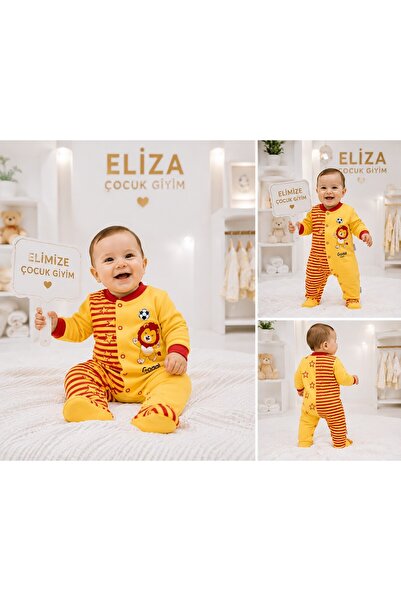 Eliza Çocuk Giyim ERKEK BEBEK SARI KIRMIZI ASLAN DESENLI PATİKLI TULUM BERE T...