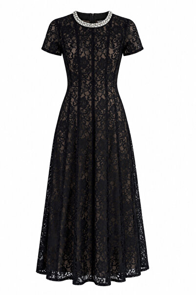 HAZELANNA Nude Lined Stoned Black Lace Dress