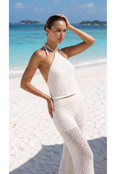 XSTİL BUTİK Beachwear Kadın Ekru Triko Örgü 2'li Plaj Takımı – Halter Yaka Bl...