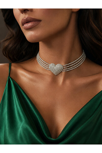 Valmont Kalp Motifli Çok Sıralı Zirkon Taşlı Kadın Choker Kolye