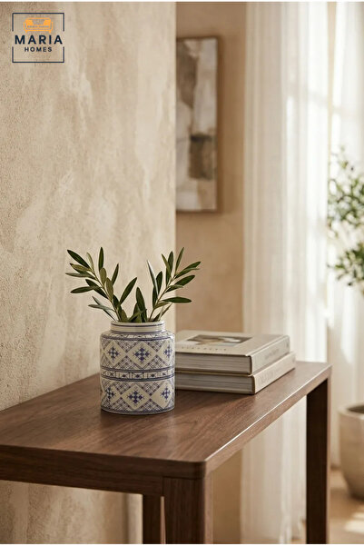 MARIA HOMES Blue and White Patterned Decorative Vase, Modern Cylindrical Cera...