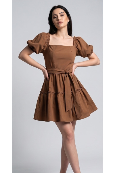 gökçesu Women's Square Neck Balloon Sleeve Ruffled Mini Dress with Belted Bac...