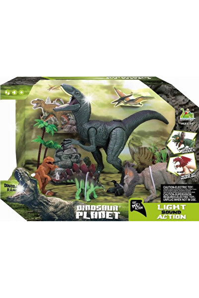 MAKSIK Set de figurine dinozauri, dinozauri, copaci, cu lumină și sunet, pent...