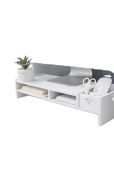 Milara Organizator de birou, Construcție durabilă, Suport alb DIY pentru monitor de birou cu organizator tip sertar, suport pentru tastatură și spațiu de depozitare pentru pixuri - Înălțător de birou rezistent din PVC pentru computer, articole de papetărie și accesorii.
