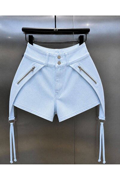 NİCE STYLE Women's Cord Detail Washable Pocket Zippered Jeans Shorts