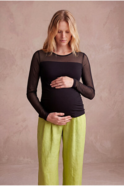 WESTMARK LONDON Maternity Black Cotton Crew Neck Long Sleeve Transparent Tull...