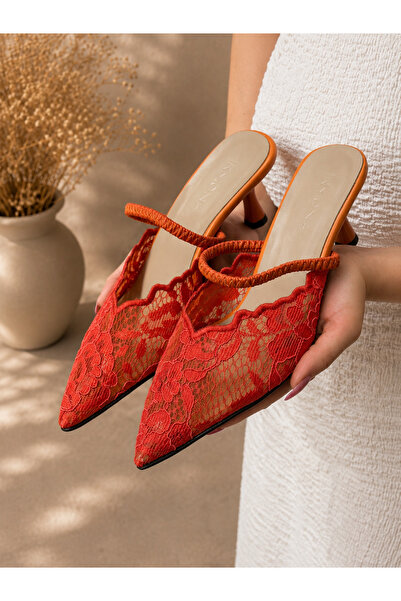 irmona Cansy Orange Orange Lace 3 cm Heel Elastic Band Pointed Toe Heel Shoes