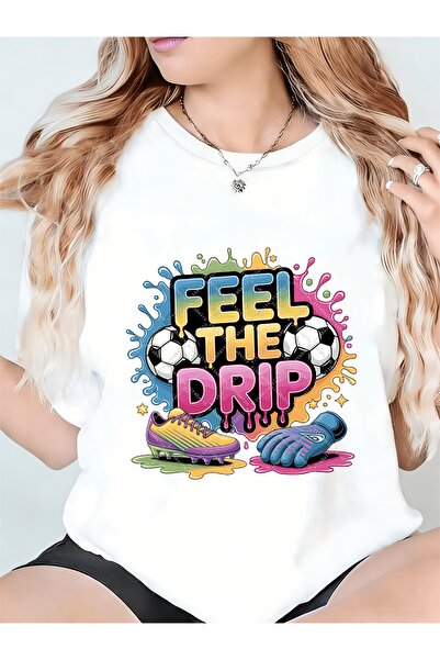 Ekim11 تيشيرت نسائي بتصميم Feel The Drip Soccer ذو طابع جرافيكي مريح وياقة دا...
