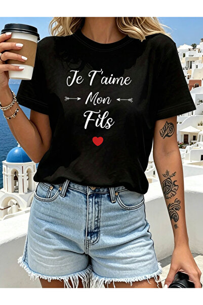 KYMC07 French I Love My Son Heart Family Letter Print T-Shirt, Short Sleeve C...