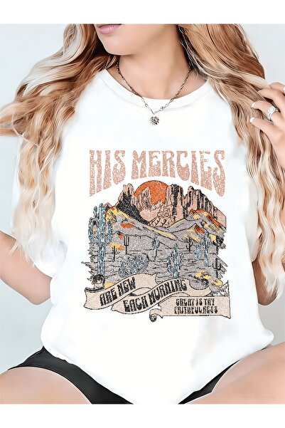 45 BPM تي شيرت نسائي بطبعة "His Mercies Are New Each Morning Great Is Thy Fai...