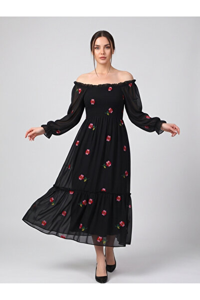 gökçesu Women's Floral Embroidered Madonna Collar Gipeli Lined Chiffon Midi D...