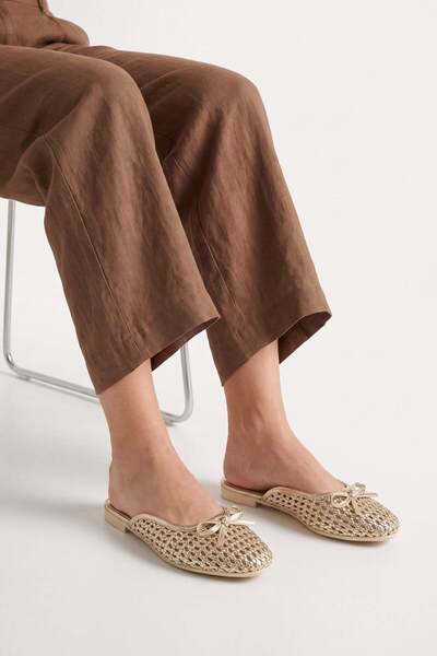 SEFERİ Women's Gold Hand Knitted Ribbon Straw Look Comfortable Daily Slippers...