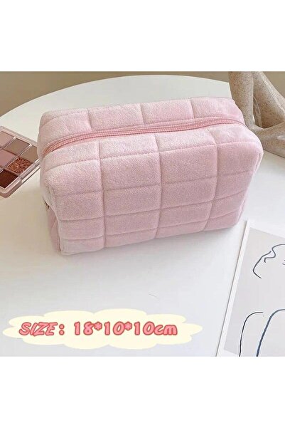 Choice1 Pink Large Women Zipper Makeup Organizer Handbag Solid Fur Cosmetic S...