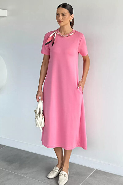 Aryena Pink Women's Dress with Scarf Accessory