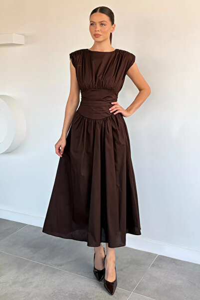 Aryena Brown Women's Shoulder Padded Corseted Poplin Dress