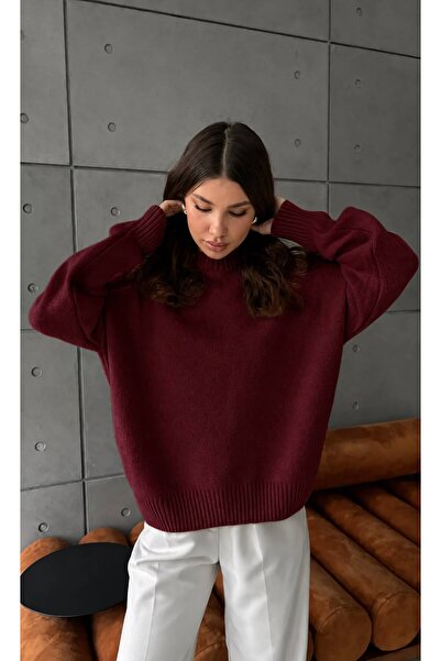 STF MODA Pulover tricotat oversize de damă, burgundy - Decolteu rotund cu tex...