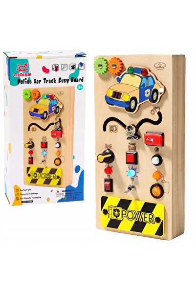 LeanToys Tablă de manipulare educativă din lemn, mașină de poliție cu LED