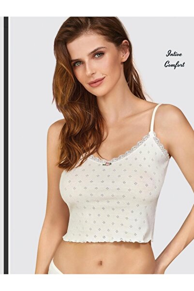 İntive Lingerie Berrak 100% Cotton Thin Straps Vintage Design V-Neck Half Tan...
