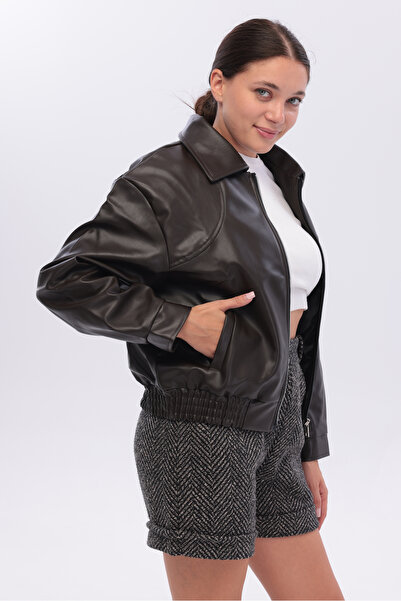 ELUVIA FASHION New Season Women's Bomber Leather Jacket Belt Detailed Crop So...