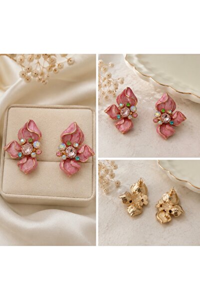 DAZLİNGACCESSORY Pink Flower Shaped Zircon Stone Detailed Gold Color Earrings