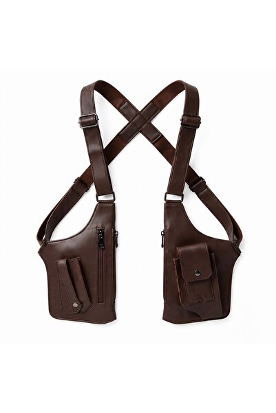 AYAKTA MODA Unisex Brown Leather Look Crossbody Multi-Pocket Harness Chest Ba...
