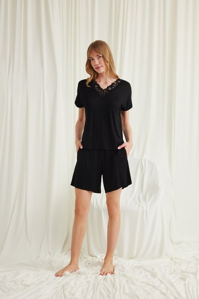 MONAMİSE Black Lace Shorts Set, Women's Short-Sleeved Viscose Pajama Set, V-N...